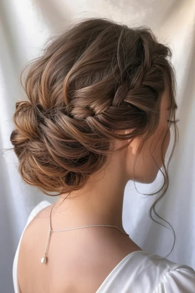 back of a young woman's head with an elegant, formal braided updo