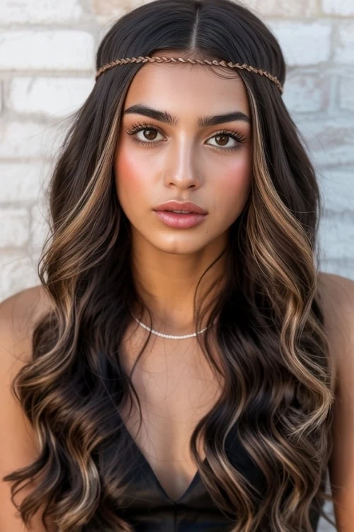 young woman with dark brown hair with highlights