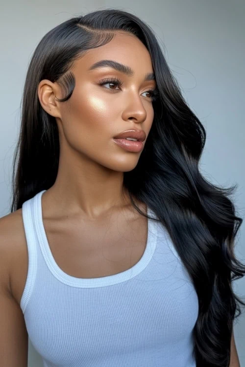 woman with long deepest brunette hair color