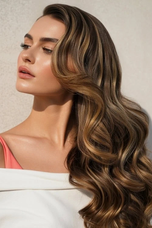 woman with highlights in her brunette hair color