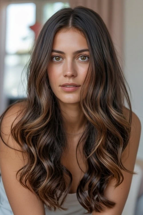 young woman with brown dark caramel balayage hair