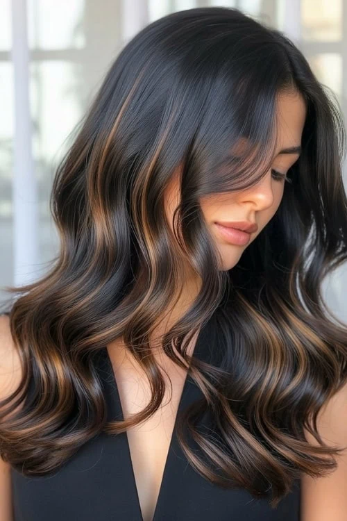 woman with dark brown hair and caramel brown bayalage