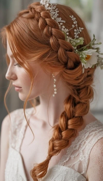 young red headed woman with a crown braid to one side formal hairstyle for long hair