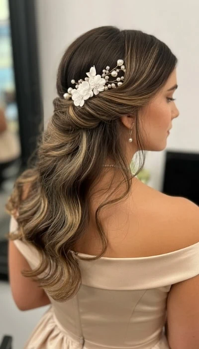 woman with an elegant formal clip back hairstyle for long hair
