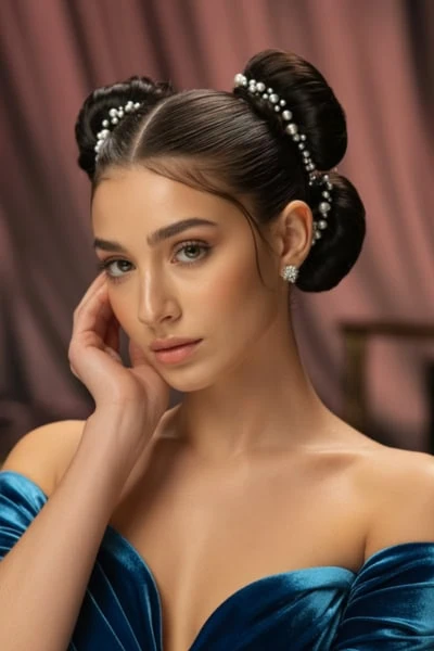 young girl with a formal hairstyle for long hair for prom with space buns