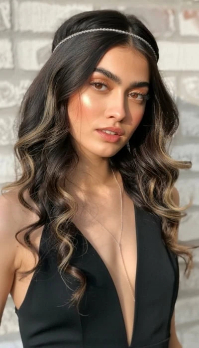 young woman with long hair styles in waves for a formal event while wearing a black dress and jeweled headband