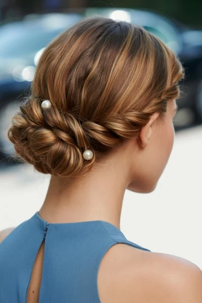 the back of a woman's head with a formal braided hairstyle for long hair with pearls
