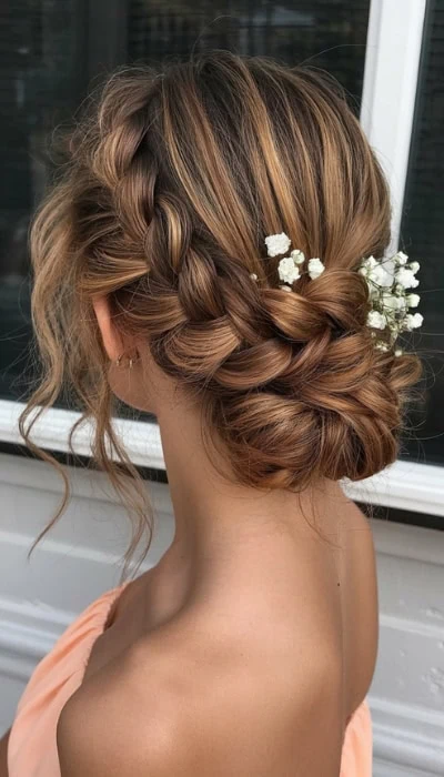 back of a female's head showing her formal braided updo hairstyle with flowers
