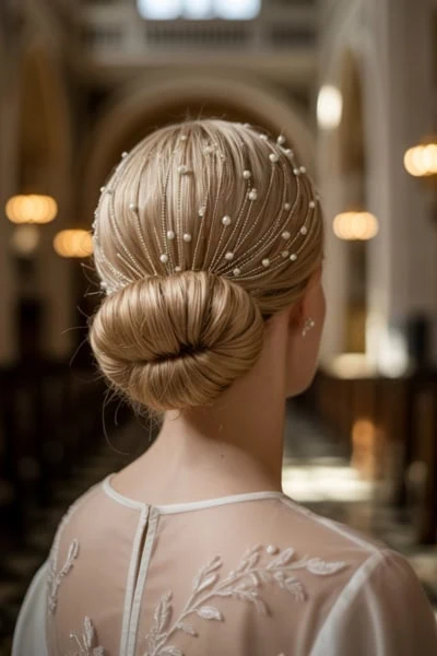 back of a females head with a low bun hairstyle for long hair with a pearl headdress as she walks down the aisle at a church