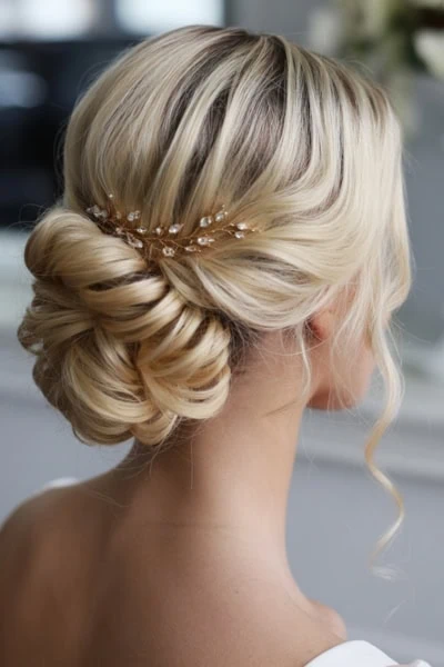 back of females head showing her elegant formal bun hairstyle