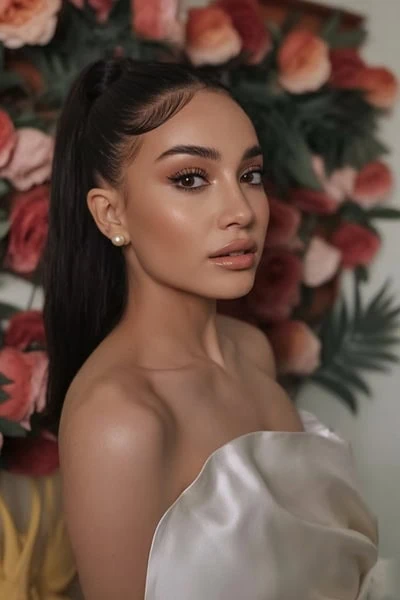 young latina woman with a formal hairstyle for long hair that is a high ponytail