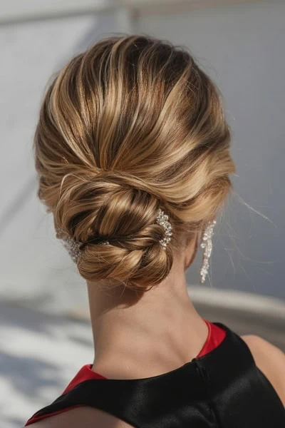 back of a blonde woman's head with a formal hairstyle for long hair that is an elegant low bun with jewels