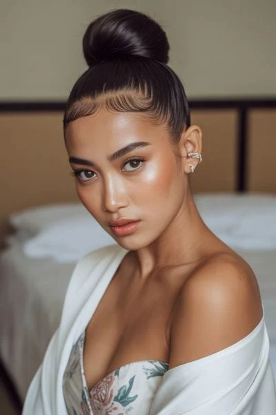 young woman with a formal hairstyle for long hair featuring an elegant sleek high bun