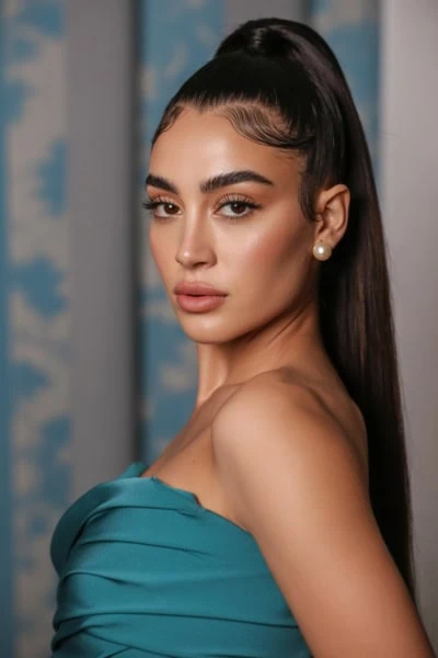 young girl with a prom hairstyle for long hair featuring a high straight ponytail and edges
