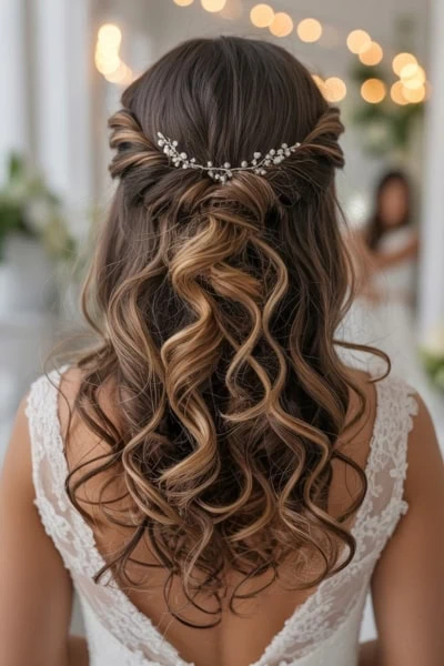 back of a bride's head with a formal half up and half down long hairstyle with curls