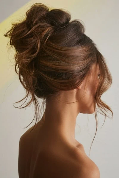 profile view of a young woman with her long hair up in a formal hairstyle