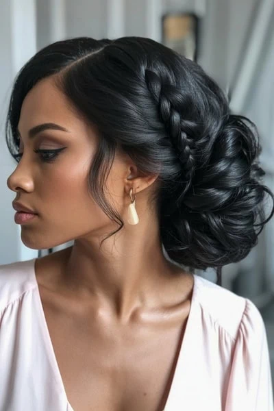 woman with a formal braided updo hairstyle for long hair