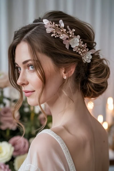 young woman with a long hair formal wedding hairstyle with flowers