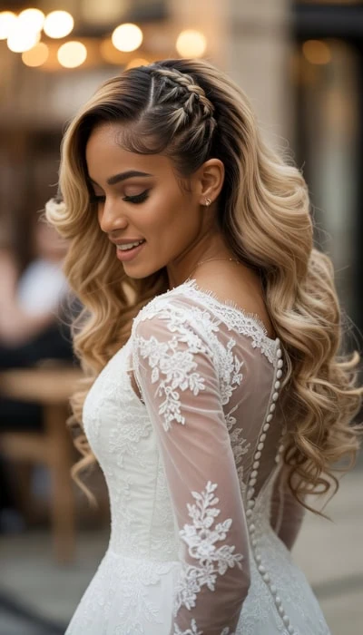young black woman who is a bride with long hair and a hollywood glam hairstyle