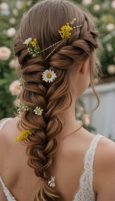 back of a young girls head with a formal boho braid hairstyle for long hair