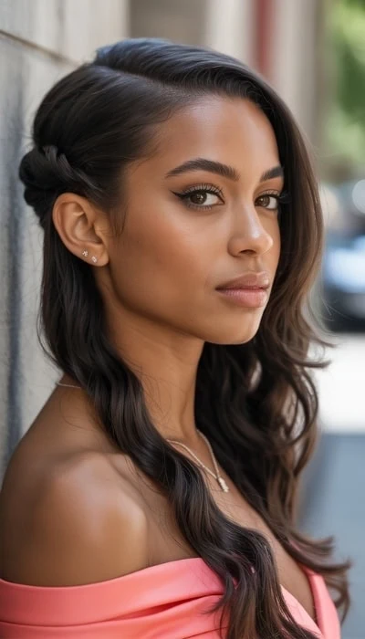young black girl with long hairstyle styled for prom that is pinned back on one side and down