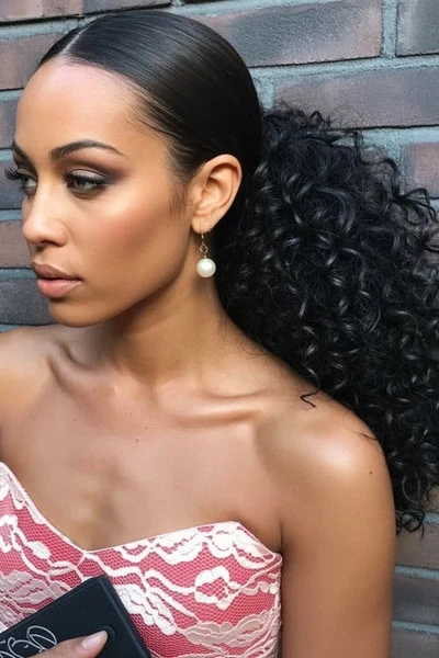 young black female with a curly sleek low ponytail