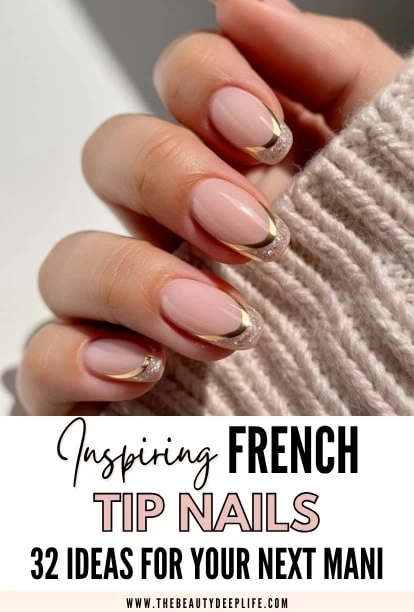 hand with glitter and gold french tip nails
