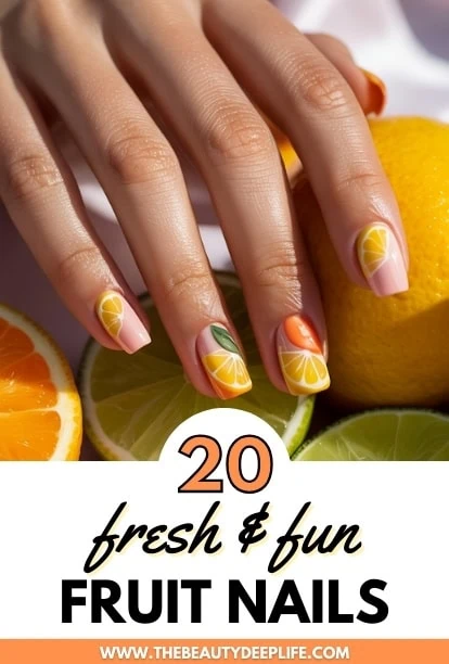 hand with orange nail design and text overlay 20 fresh and fun fruit nails