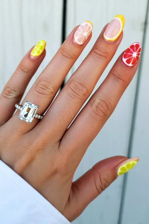 hand with fruity citrus nails