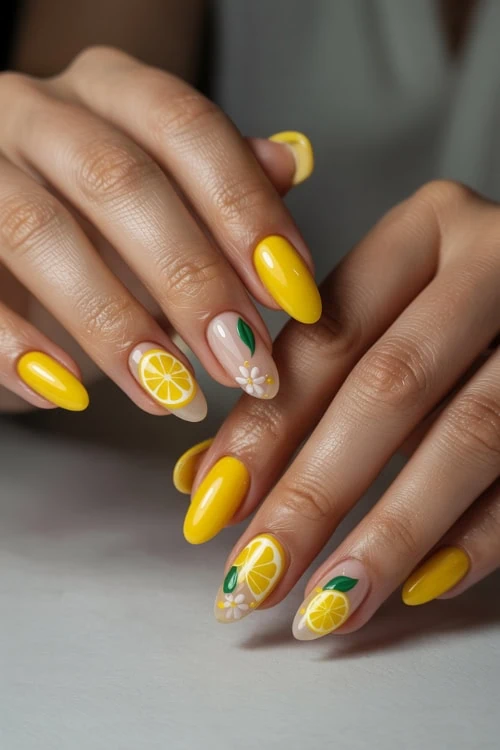 hand with yellow nails with lemon slices and flowers on them