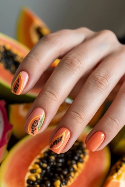 hand with coral orange nails with papaya fruit in them