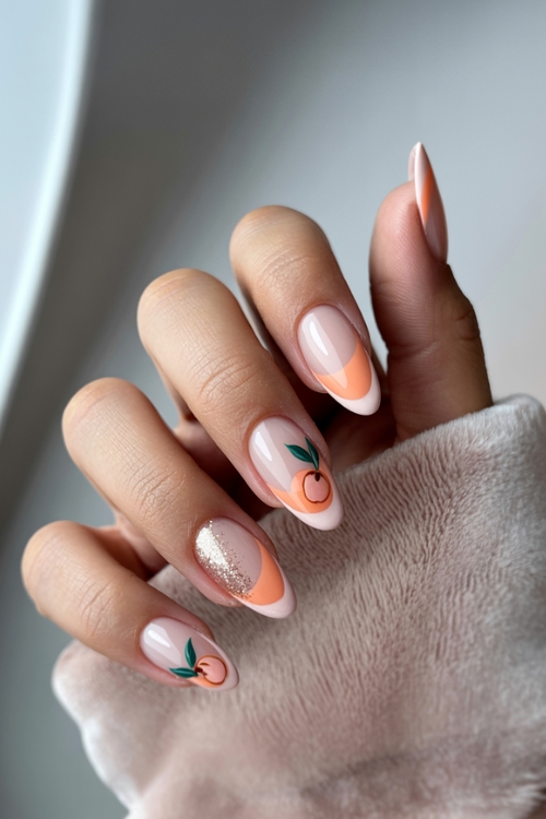 hand with fruit nails manicure with peaches