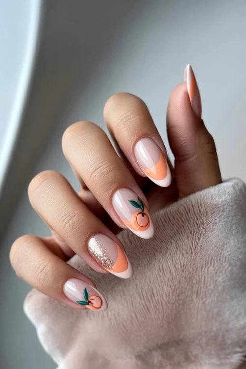 hand with fruit nails manicure with peaches