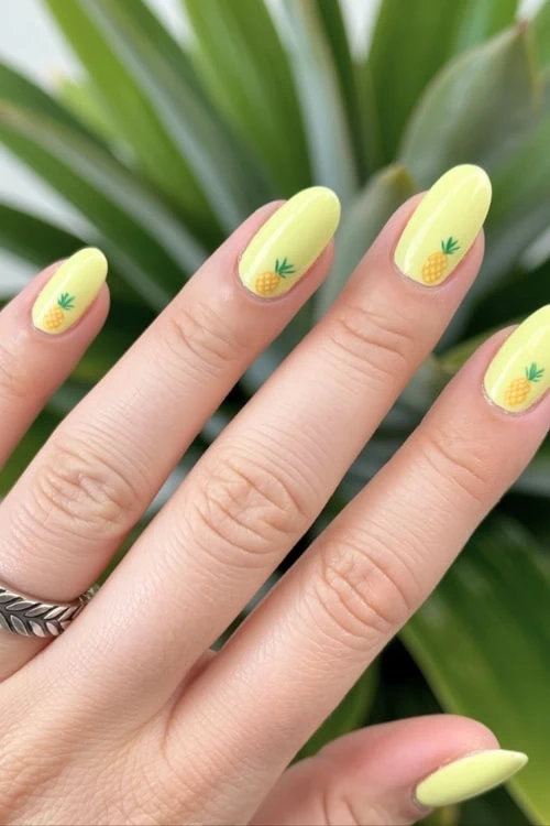 hand with yellow fruit nails with pineapples on them