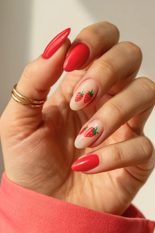 hand with red nails and strawberry fruit