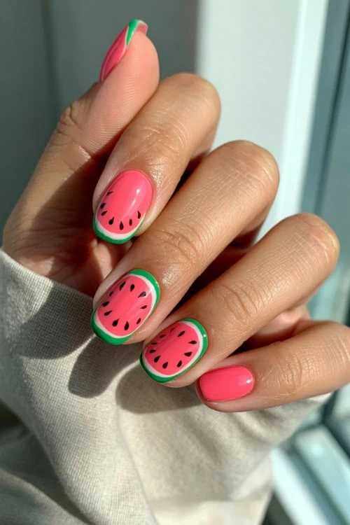 hand with short watermelon fruit nails