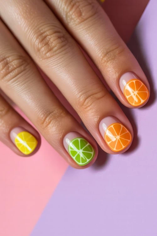 hand with short fruit nails manicure
