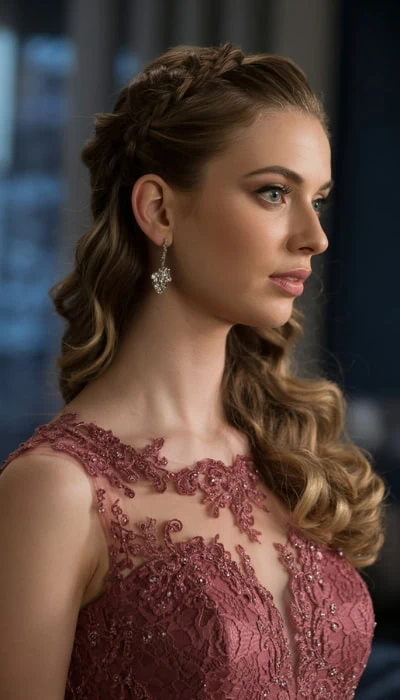 young woman with a beautiful formal hairstyle for long hair that is partially braided