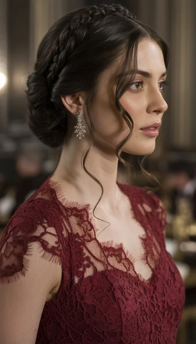 woman at a gala with a formal crown braided updo hairstyle for long hair