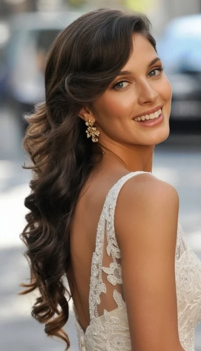 beautiful bride with her long hair down, curled, and flipped
