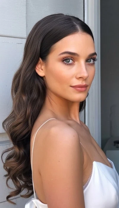 young woman with a long down hairstyle with a middle part