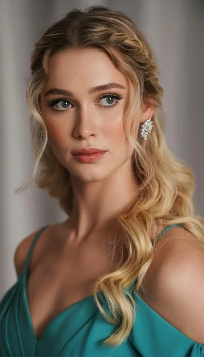 blonde woman with her long hair styled in a formal half up and half down haisrtyles that is braided with waves and tendrils