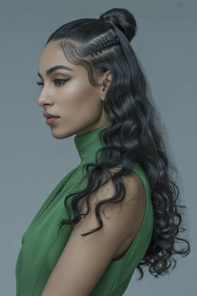 young woman with a unique half up braided with a bun hairstyle for long hair