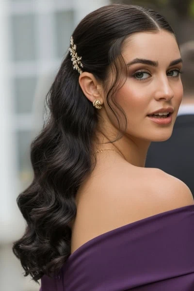 woman with brown hair pinned back with a elegent hair accessory for a formal event wearing a purple dress