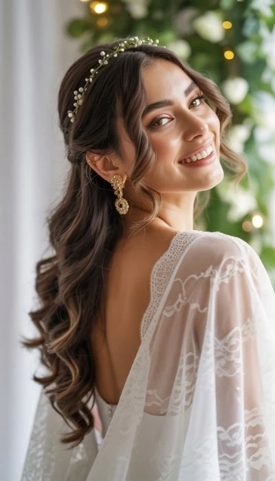 bride with a half up formal hairstyle with long curled hair