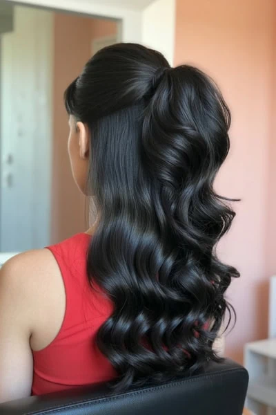 back fo a young woman's head with long black hair that is wavy and styled in a half up hairstyle