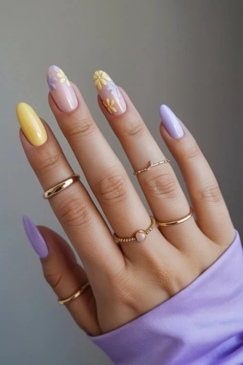 hand with purple and yellow nails design with flowers