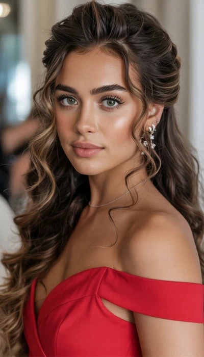 woman in a formal red dress with a loose half up half down hairstyle for long hair