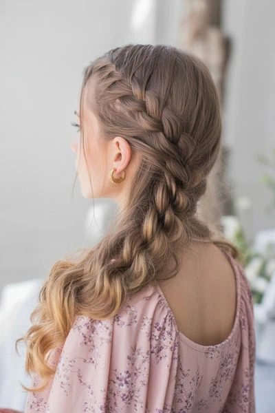 young woman with a loose over the shoulder braided formal hairstyle for long hair
