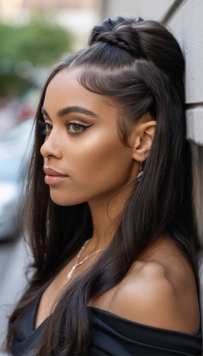 young black girl in a black dress with a half up formal hairstyle